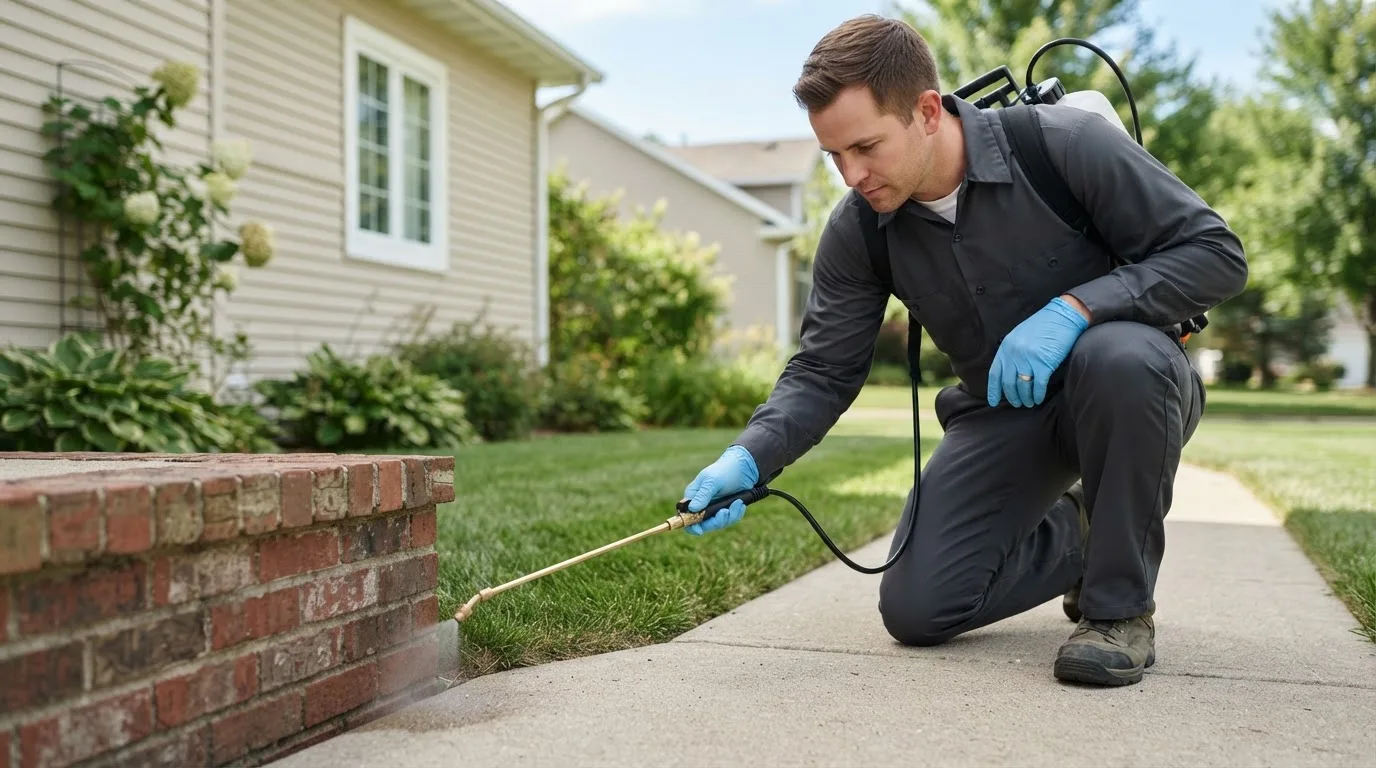 Pest control technician treating a home near Council Bluffs, IA