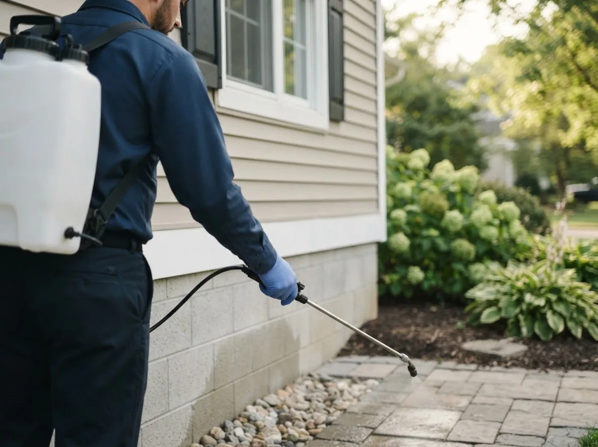 Pest control technician inspecting a home in Council Bluffs, IA